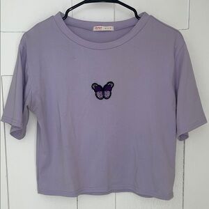 Purple Butterfly Embroidered Crop T-Shirt